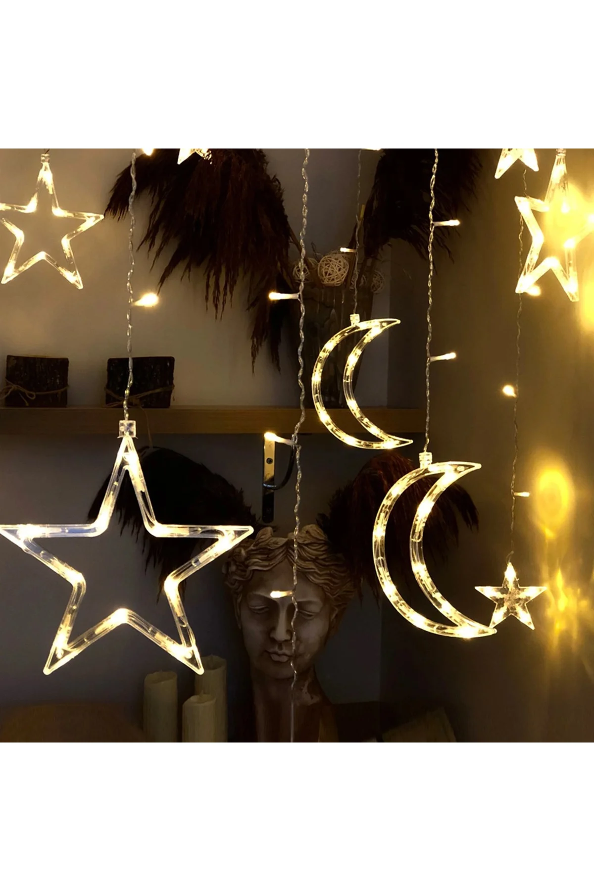 3 Metre Perde Led Işık Zinciri - Yıldız Ve Ay Figürlü, Sarı Işık, Uç Uca Eklenebilir 3 Metre Perde Led Işık Zinciri - Yıldız Ve Ay Figürlü, Sarı Işık, Uç Uca Eklenebilir - Görsel 2