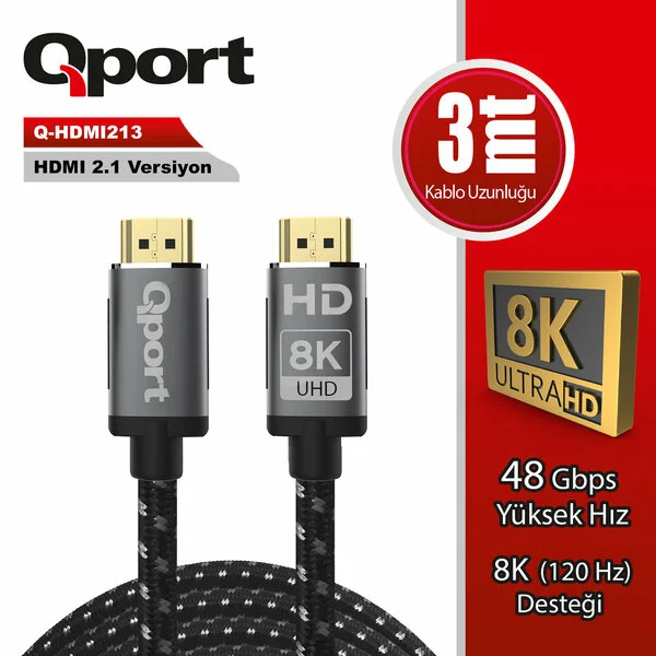 3 Metre Q-HDMI213 2.1V 8K Altın Uçlu Örgülü HDMI Kablo (Q-HDMI213