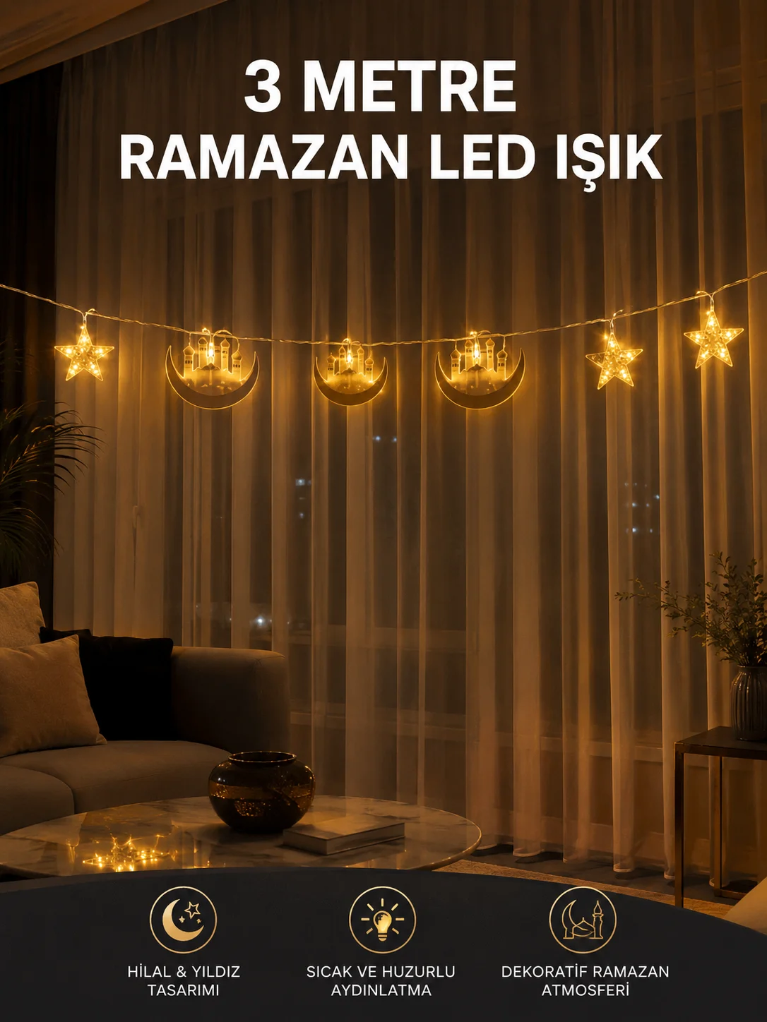 3 Metre Ramazan LED Saçak Işık Ev İçi Dekoratif Aydınlatma 3 Metre Ramazan LED Saçak Işık Ev İçi Dekoratif Aydınlatma