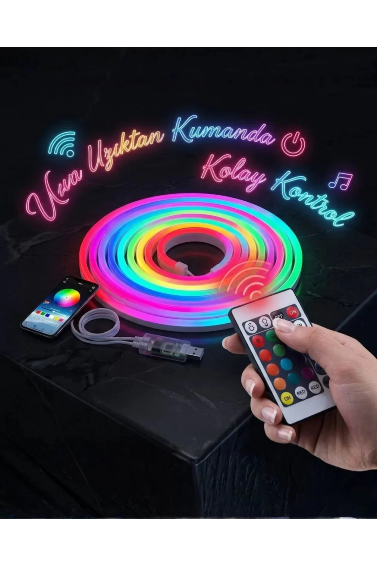 3 Metre RGB Akıllı Neon LED Şerit Işık Telefon ve Kumanda Kontrol