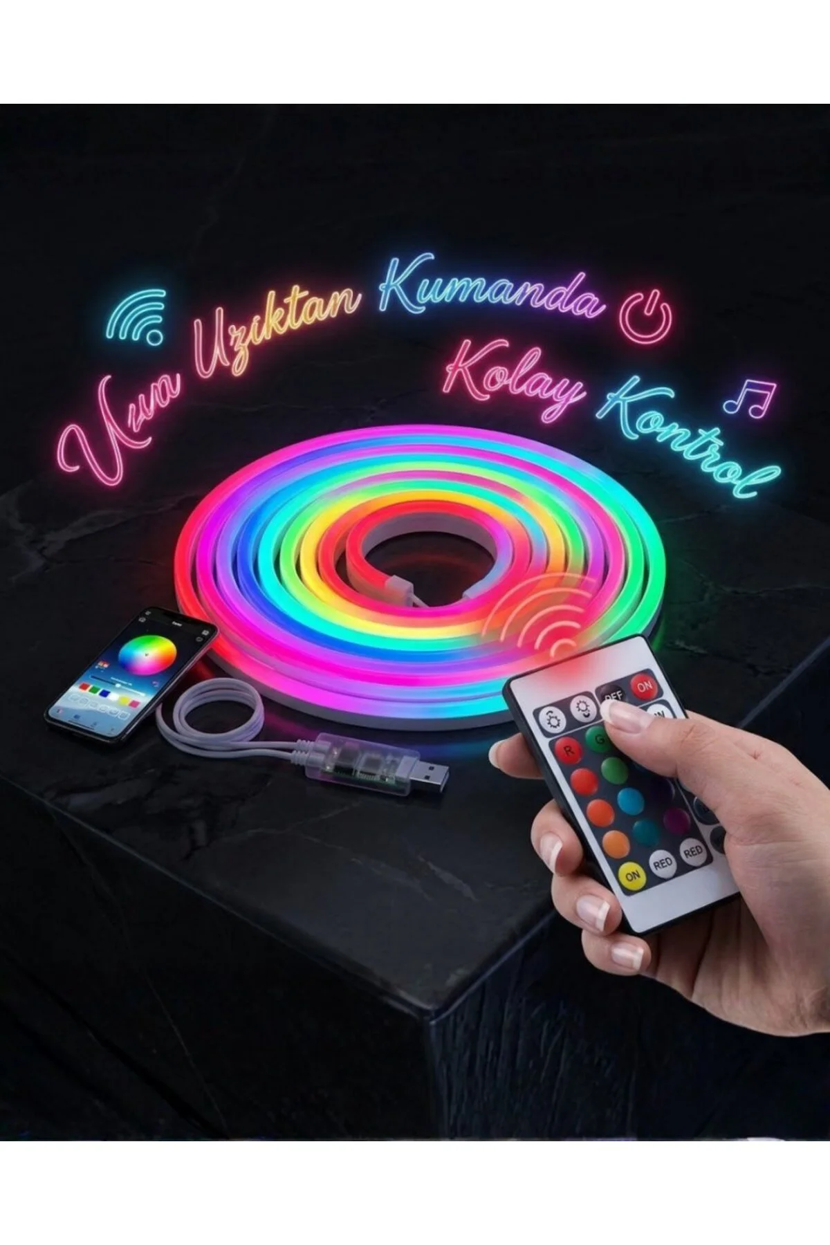 3 Metre RGB Akıllı Neon LED Şerit Işık Telefon ve Kumanda Kontrollü Ambiyans Aydınlatma