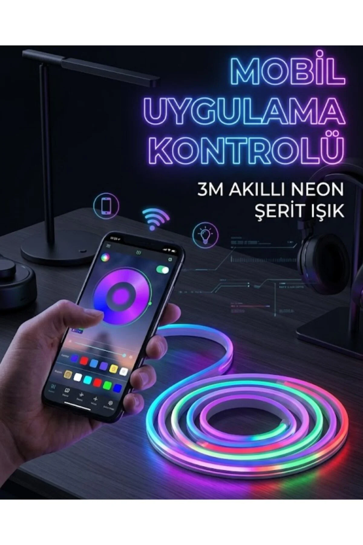 3 Metre RGB Neon LED Şerit Işık Su Geçirmez Kumandalı ve Uygulama Kontrollü Dekoratif Aydınlatma