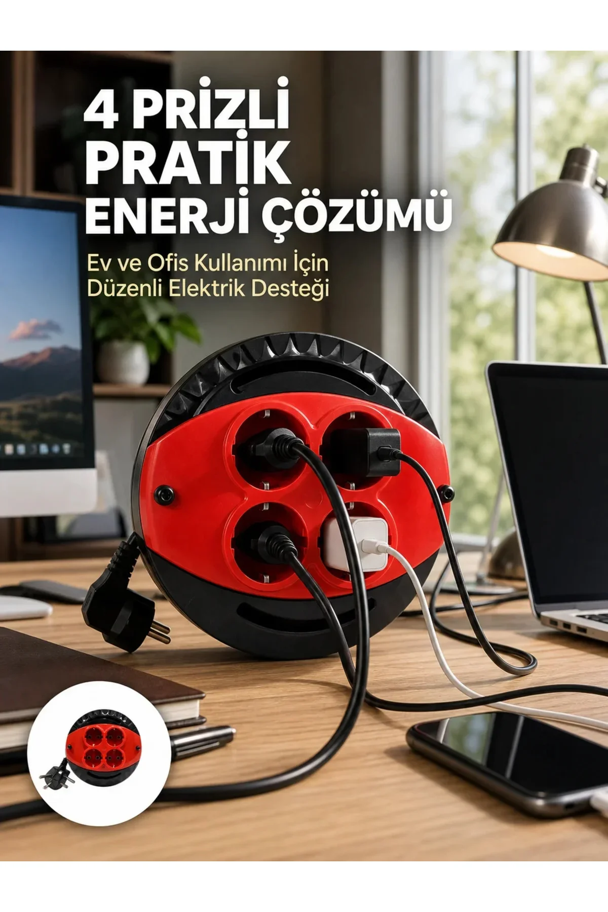 3 Metre Uzatma Kablolu 4 Prizli Makara Kırmızı 3 Metre Uzatma Kablolu 4 Prizli Makara Kırmızı