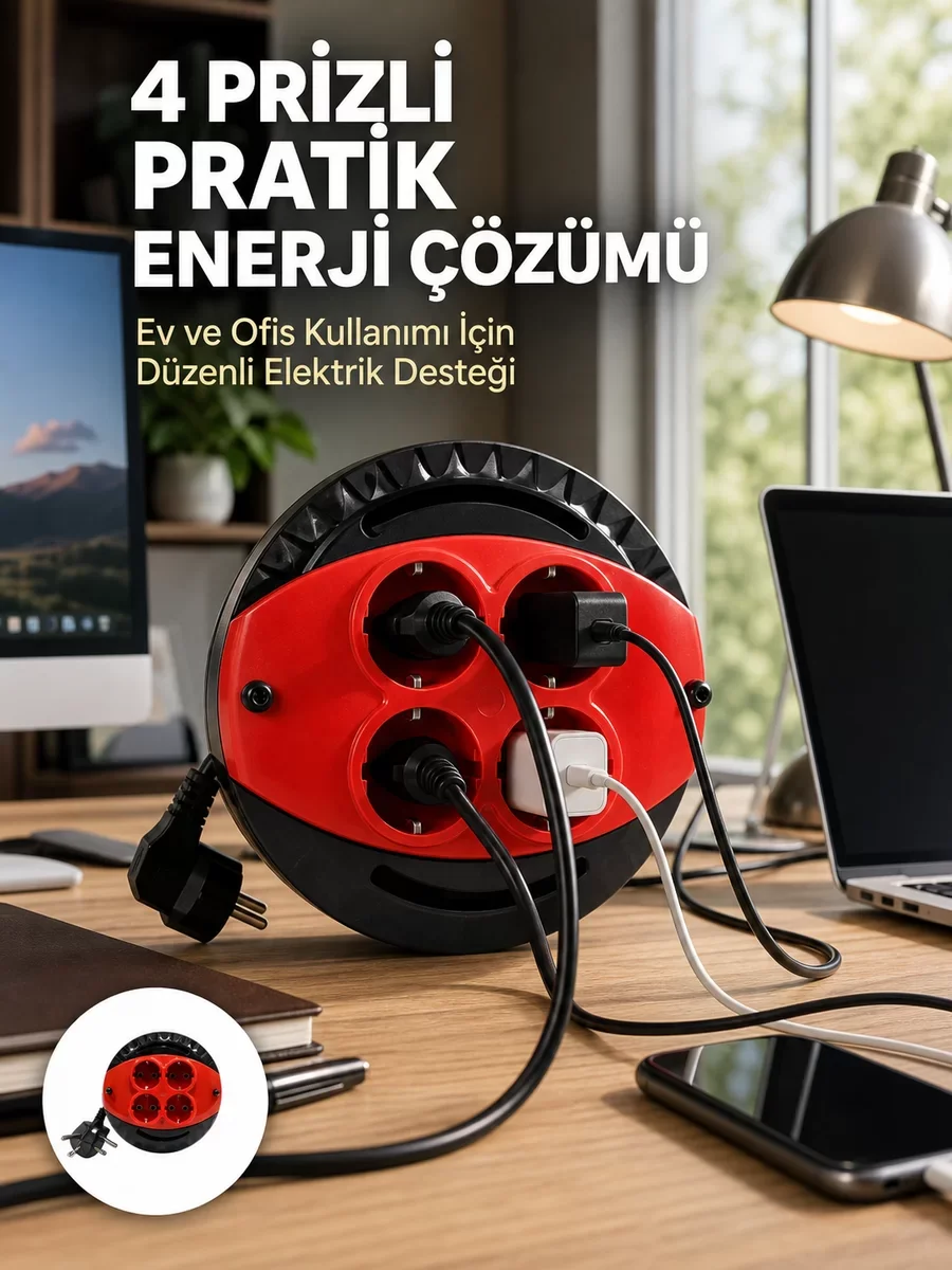 3 Metre Uzatma Kablolu 4 Prizli Makara Kırmızı - Ev ve Ofis İçin Güvenli Elektrik Çözümü Fiyatı, Yorumları ve Özellikleri