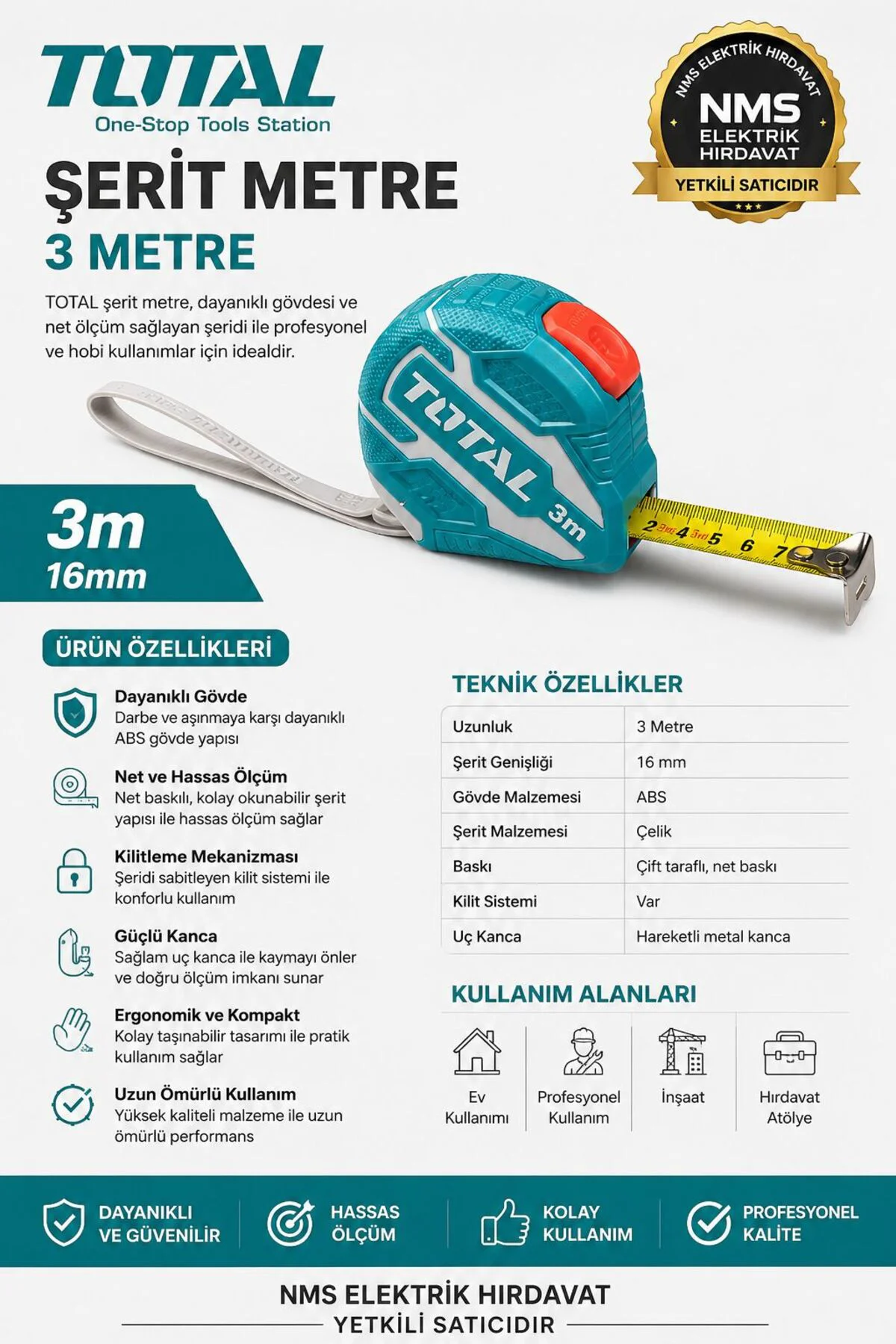 3 Metre Ve 5 Metre 19 Mm Şerit Metre Fren Mekanizmalı Yüksek Kali