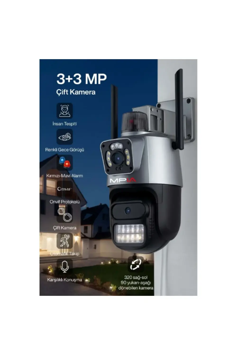 3 MP + 3 MP Çift Lens Wi-Fi TF Kart Girişli Güvenlik Kamerası