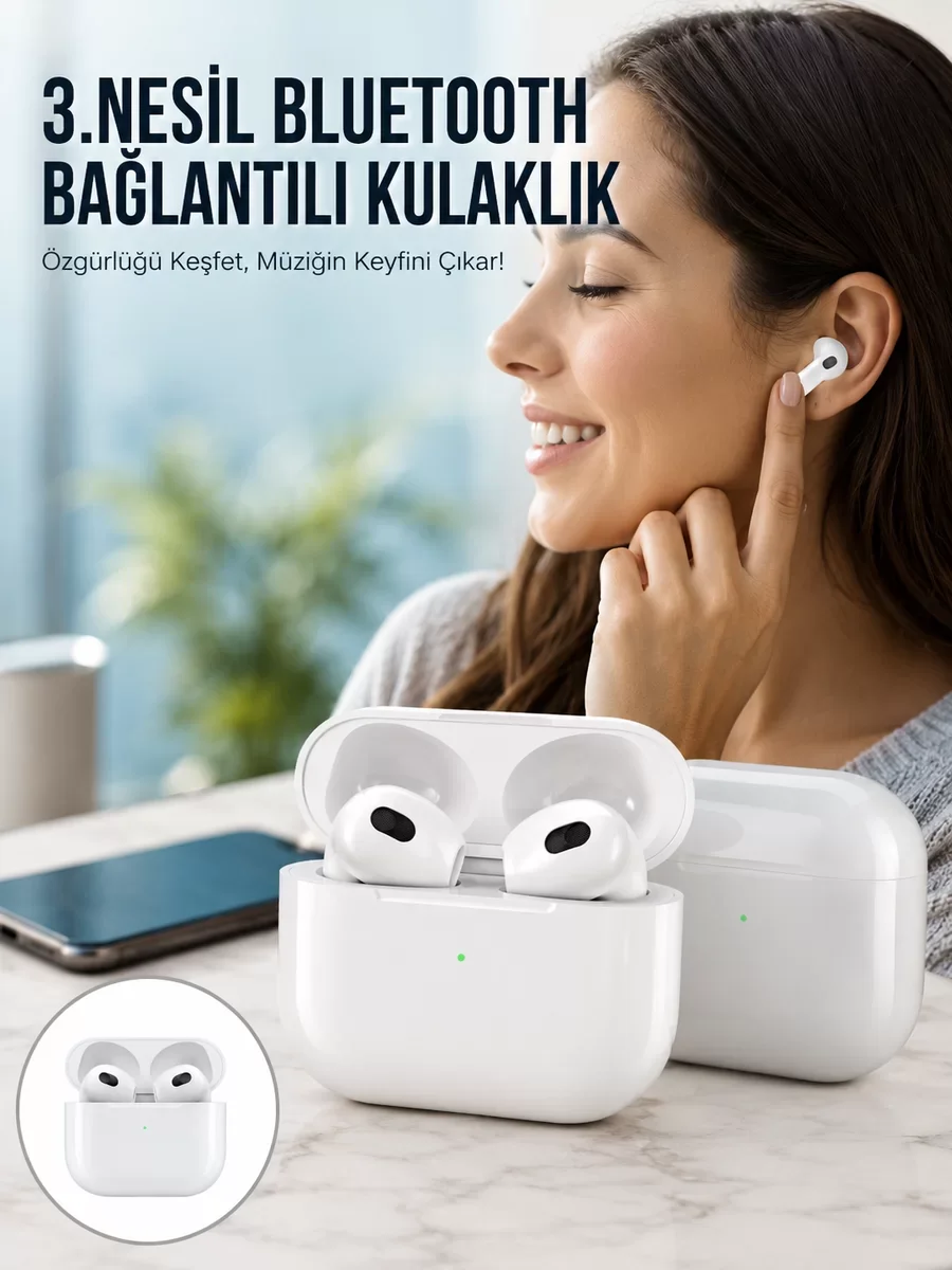 3. Nesil Bluetooth 5.0 Beyaz Kulaklık - İOS Android Uyumlu Çağrı Cevaplama ve Çift Dokunma