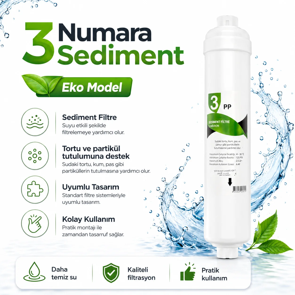 3 Numara Sediment Eko Model Su Arıtma Filtresi – 5 Mikron PP Filtre Fiyatı, Yorumları ve Özellikleri