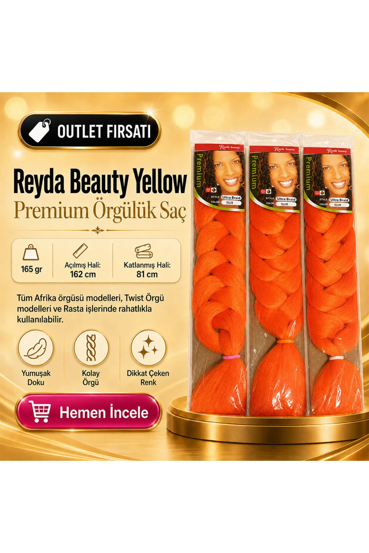 3 Paket / Afrika Örgüsü Ve Rasta İçin Sentetik YELLOW