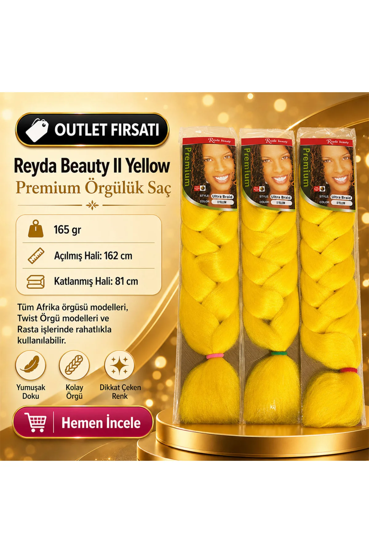 3 Paket / Afrika Örgüsü Ve Rasta İçin Sentetik YELLOW2