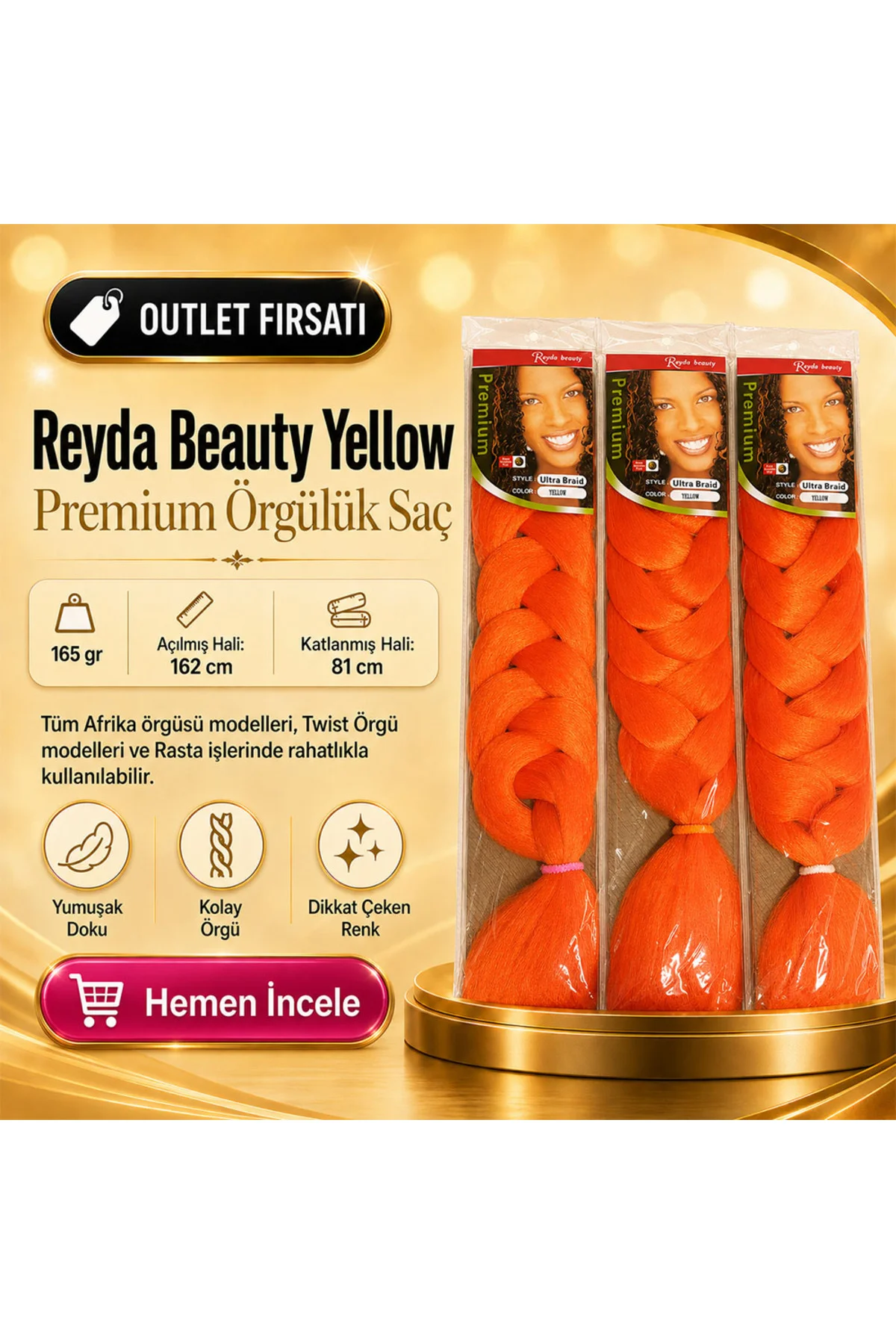 3 Paket / Afrika Örgüsü Ve Rasta İçin Sentetik YELLOW