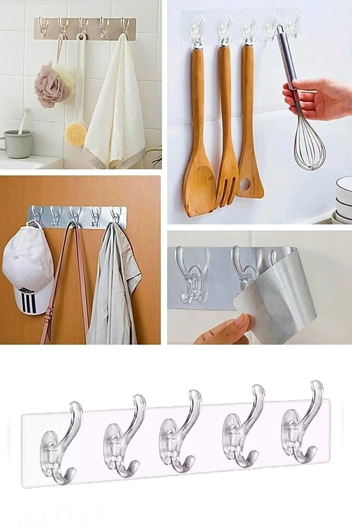 3 Paket Mutfak Banyo Kapı Askısı -5li Kendinden Yapışkanlı Güçlü Şeffaf Askılık