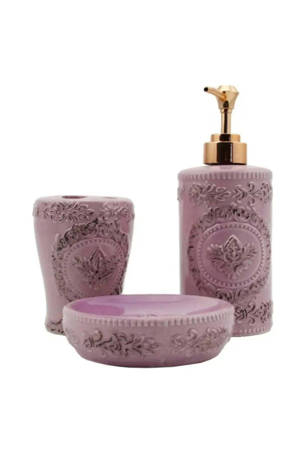 3 Parça Seramik Banyo Seti Silindir Lila
