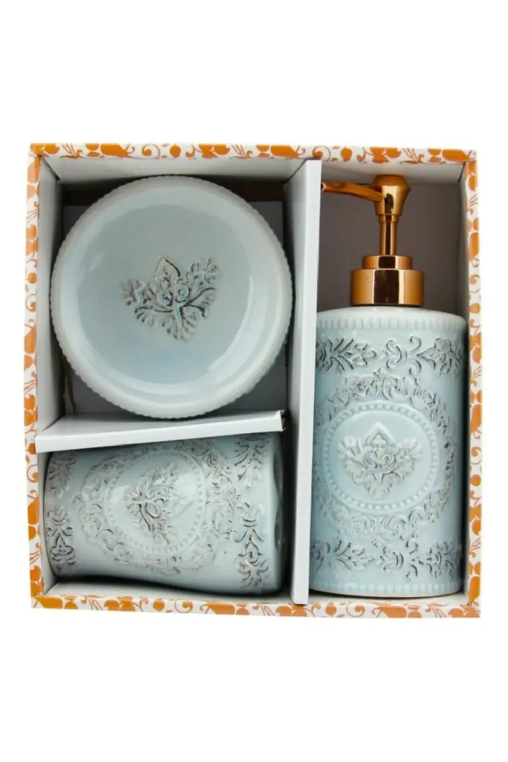 3 Parça Seramik Banyo Seti Silindir Mavi