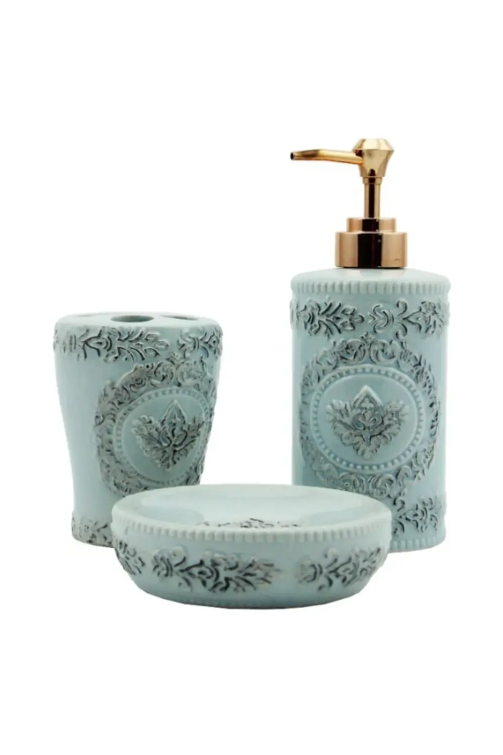 3 Parça Seramik Banyo Seti Silindir Mavi