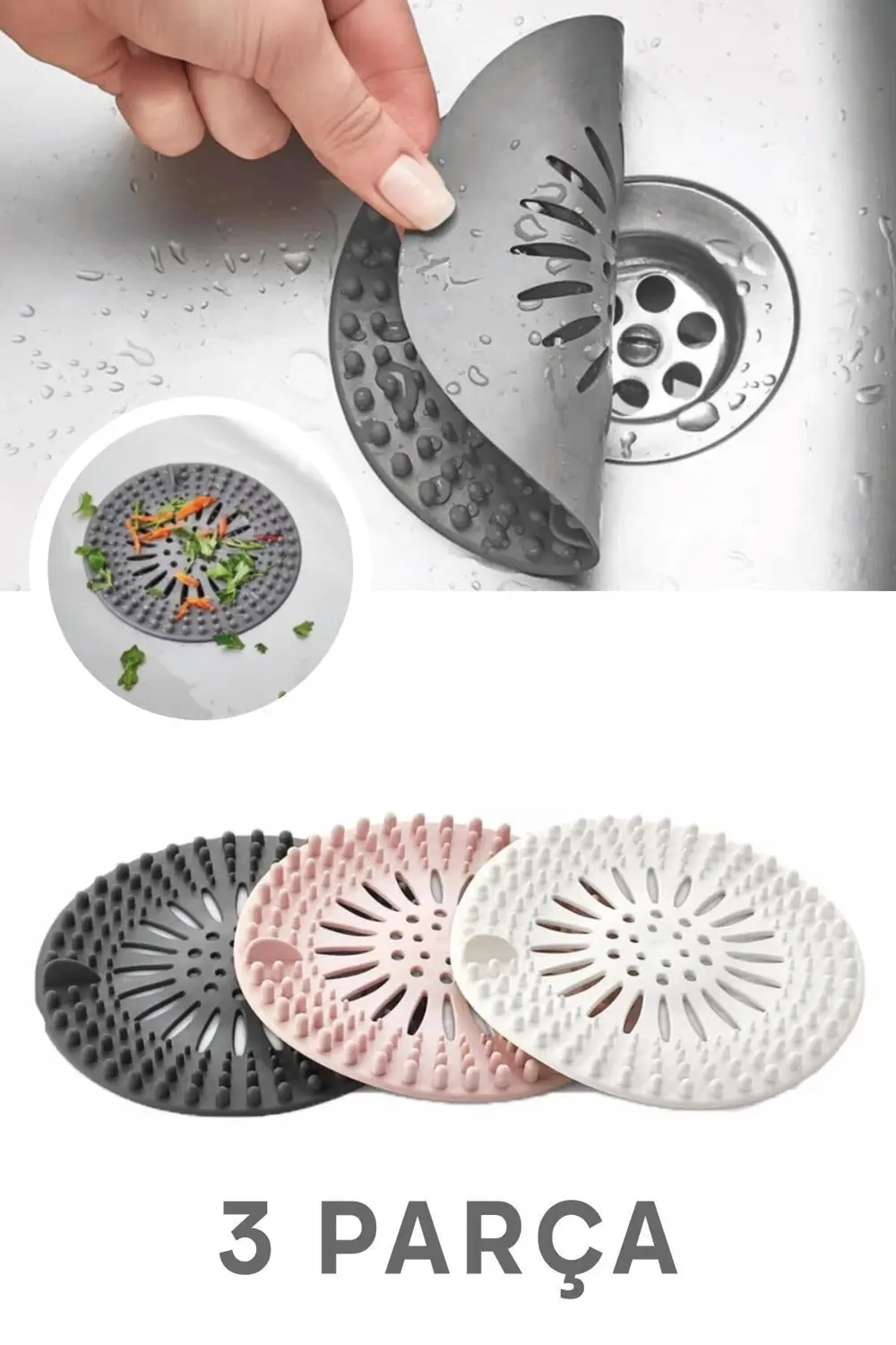3 Parça Süzgeçli Silikon Lavabo Ve Küvet Tıkacı Yuvarlak Lavabo T