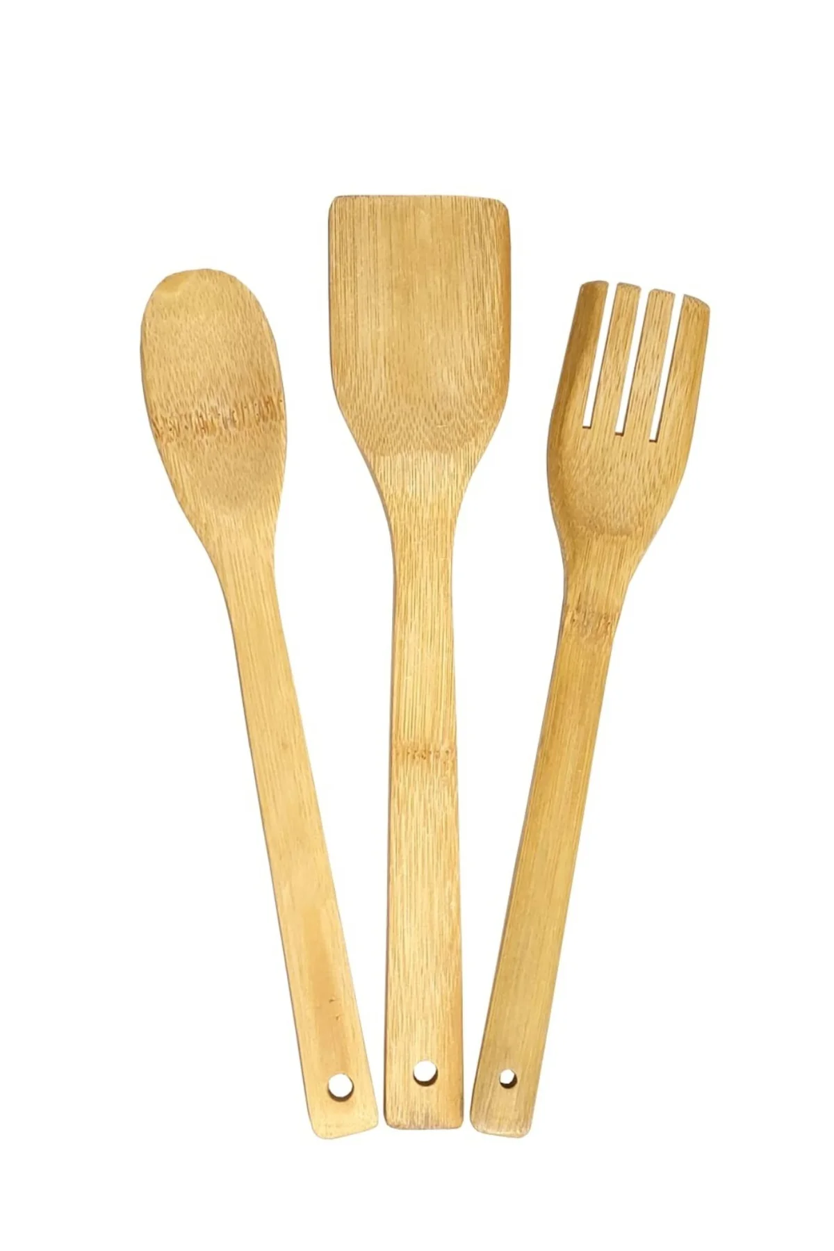 3 Parçalı Bambu Malzemeli Çatal Kaşık Spatula Yemek Hazırlama Seti Mutfak Gereçleri