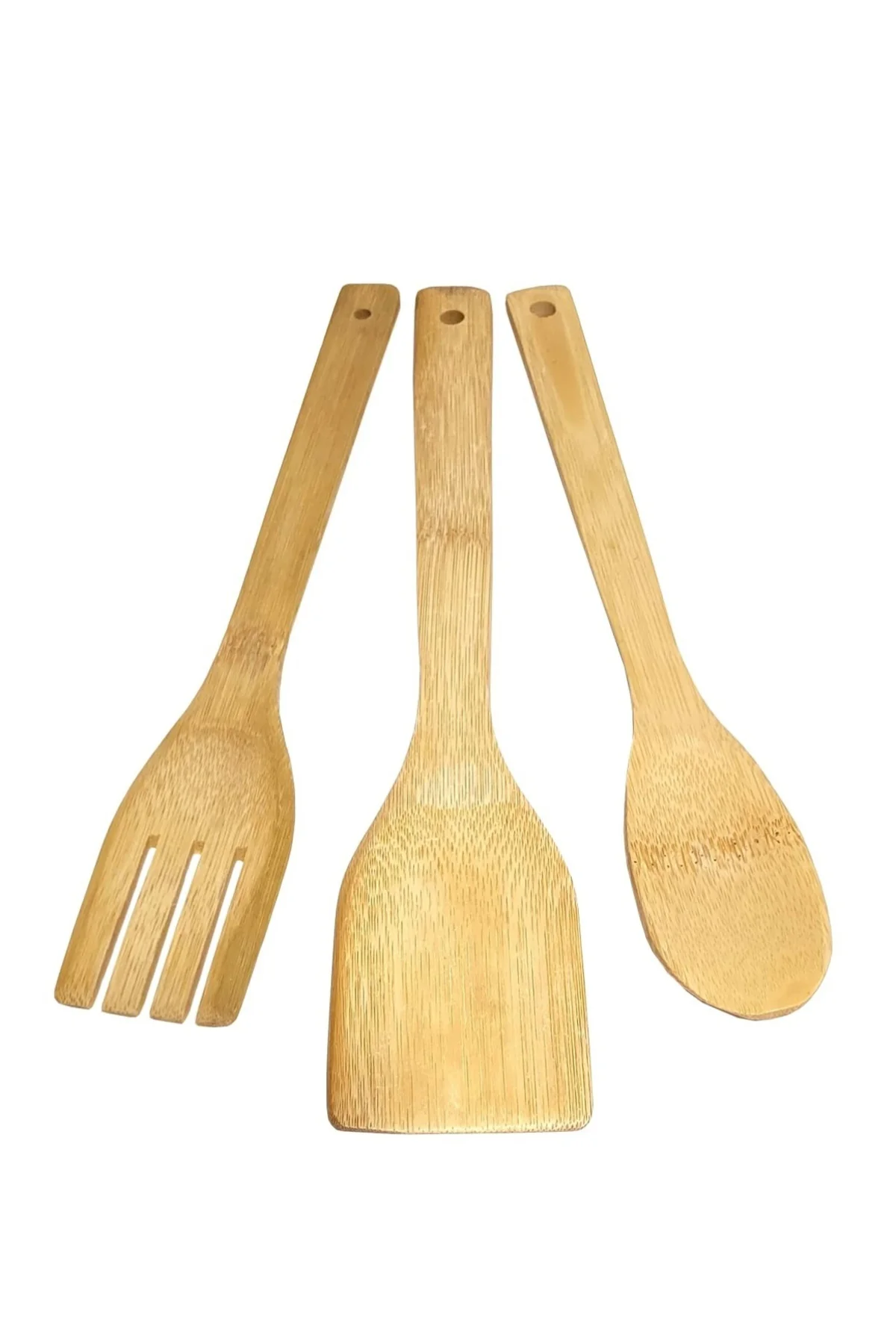 3 Parçalı Bambu Malzemeli Çatal Kaşık Spatula Yemek Hazırlama Seti Mutfak Gereçleri