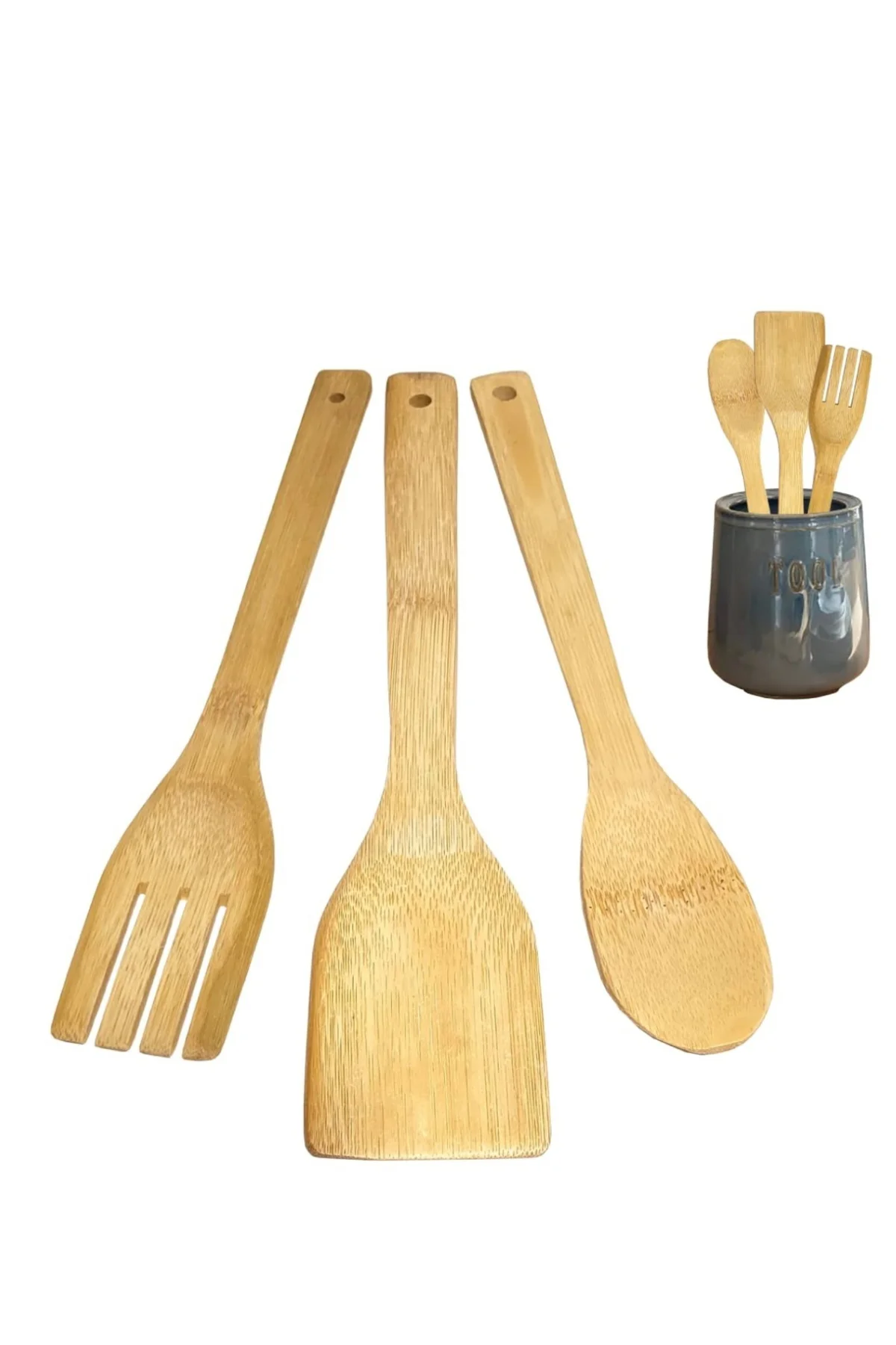 3 Parçalı Bambu Malzemeli Çatal Kaşık Spatula Yemek Hazırlama Seti Mutfak Gereçleri