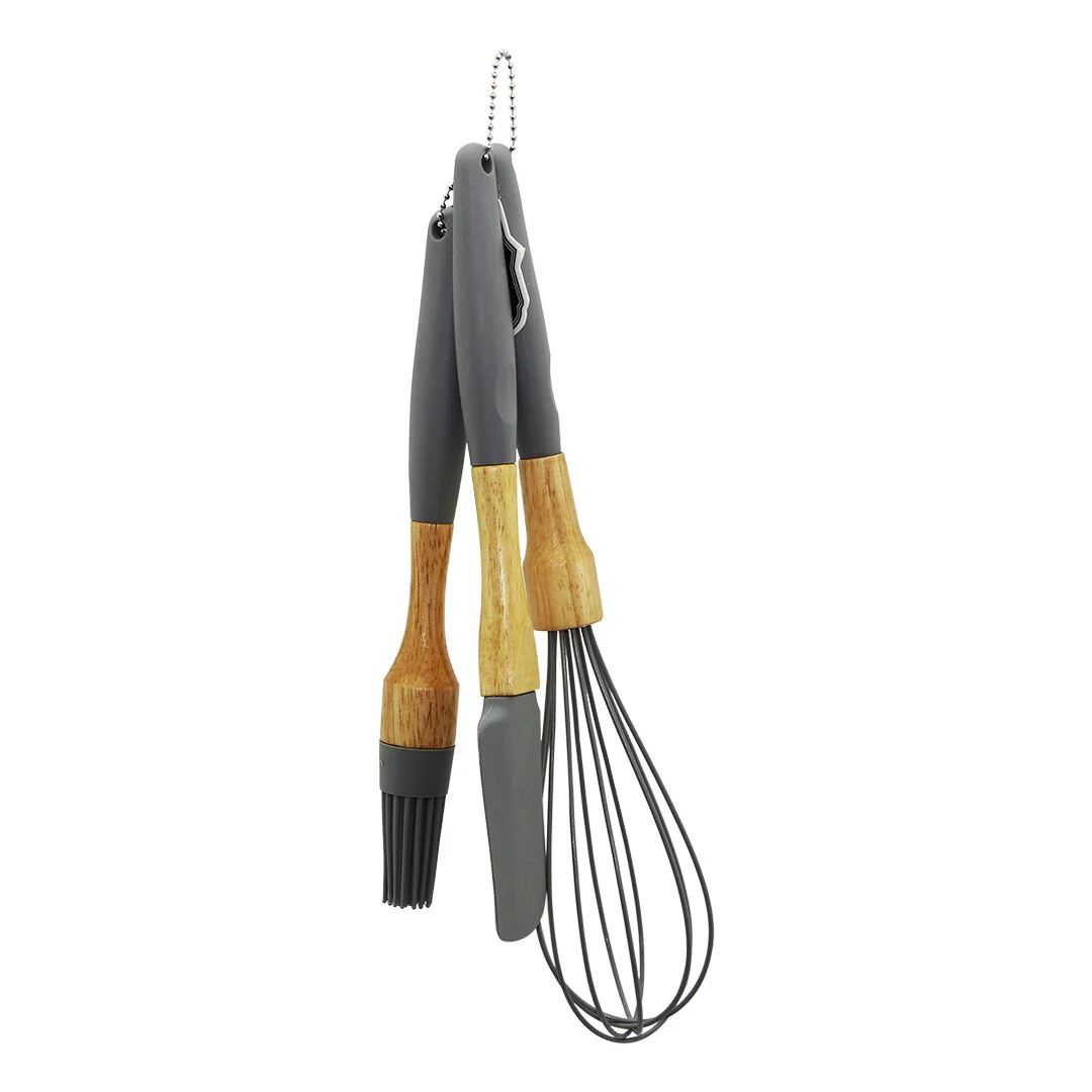 3 Pcs Silikon Çırpıcı - Fırça - Spatula Seti Ahşap Bambu Sap - Silikon Kılıflı