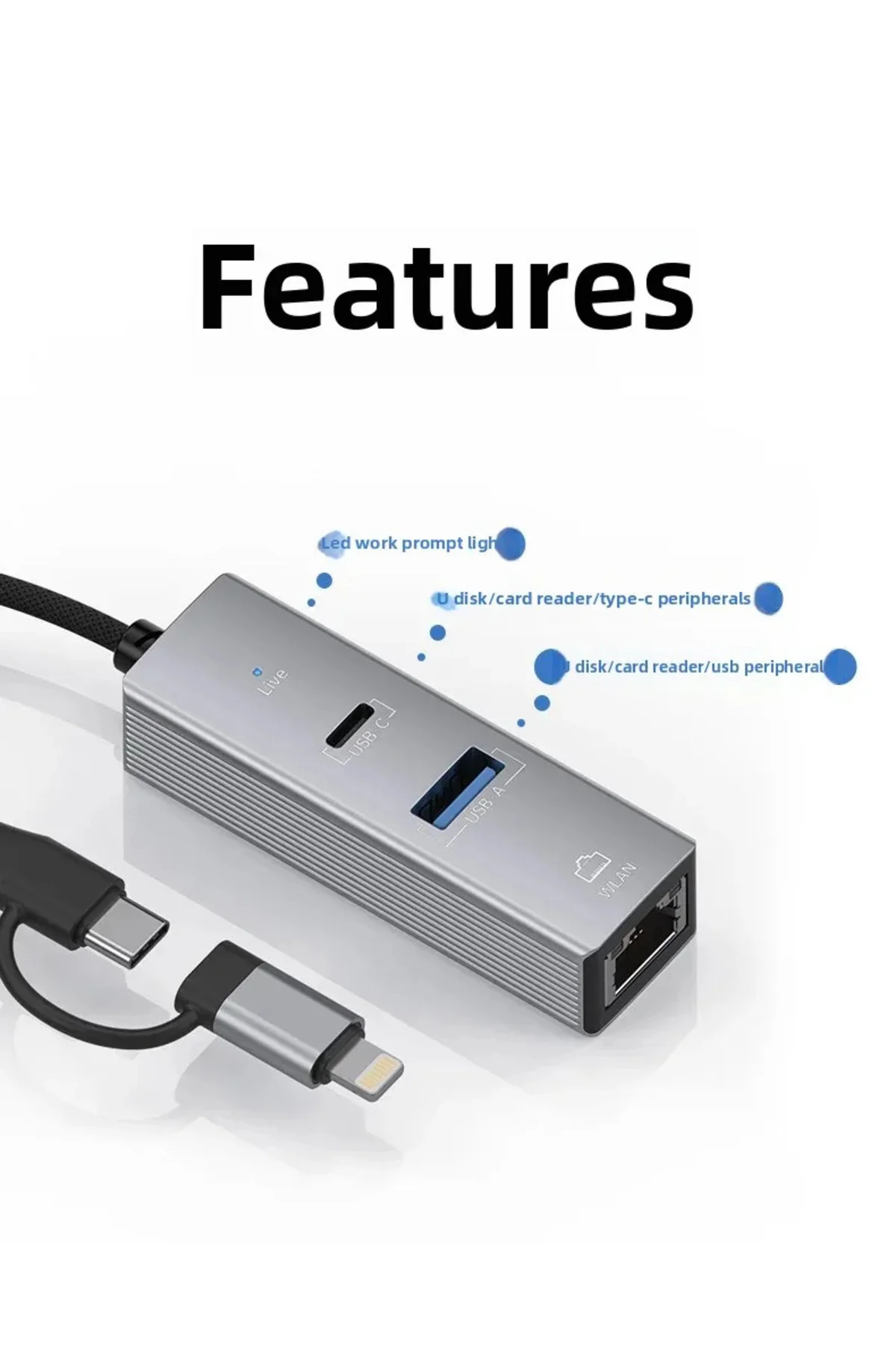 3 Portlu Ağ ve Veri Adaptörü: RJ45 LAN + USB 3.0 + Type-C Girişli 3 Portlu Ağ ve Veri Adaptörü: RJ45 LAN + USB 3.0 + Type-C Girişli
