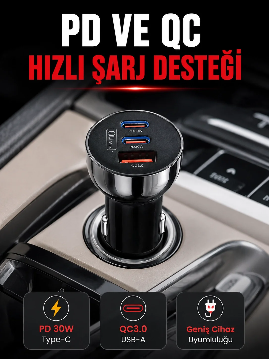 3 Portlu Araç İçi Şarj Adaptörü Çift PD Type-C ve QC3.0 USB Çıkışlı