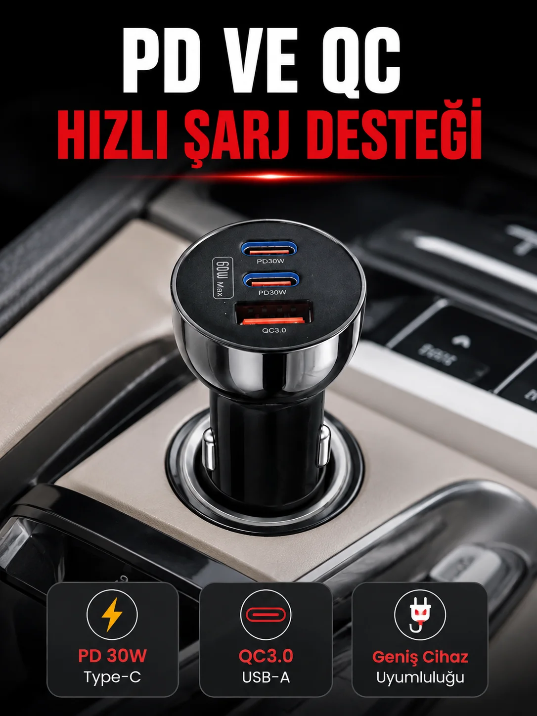 3 Portlu Araç İçi Şarj Adaptörü Çift PD Type-C ve QC3.0 USB Çıkışlı 3 Portlu Araç İçi Şarj Adaptörü Çift PD Type-C ve QC3.0 USB Çıkışlı