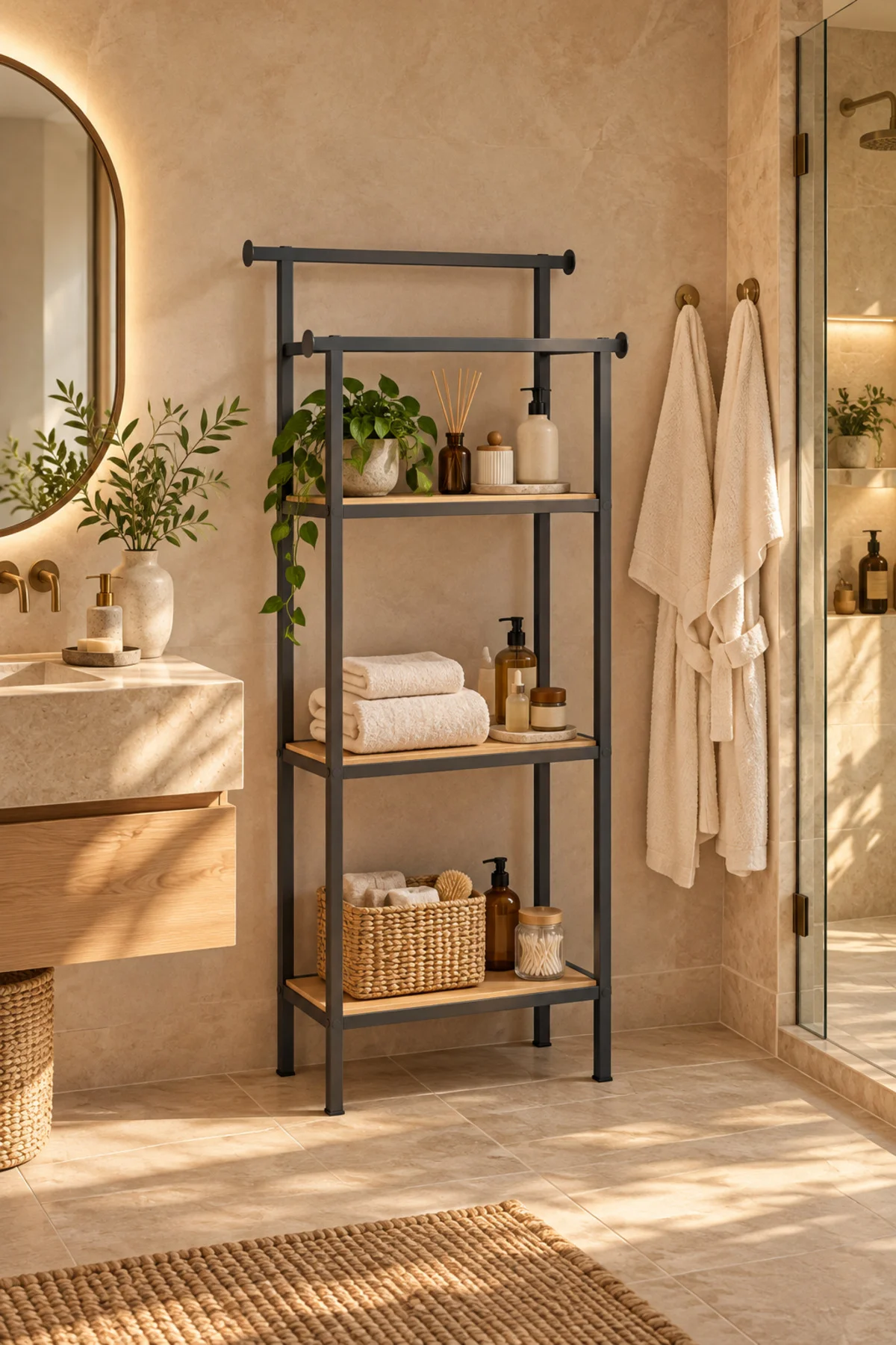 3 Raflı Banyo Organizeri Havluluk Bornoz Askılı Ahşap Raflı Düzenleyici