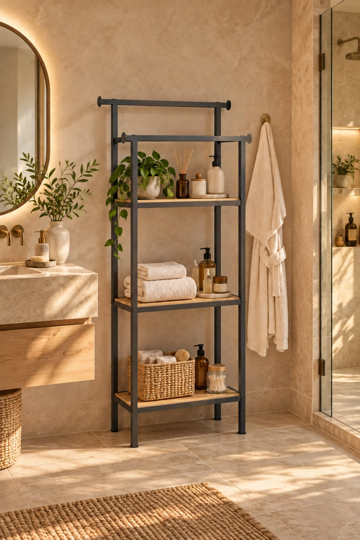3 Raflı Banyo Organizeri Havluluk Bornoz Askılı Ahşap Raflı Düzenleyici