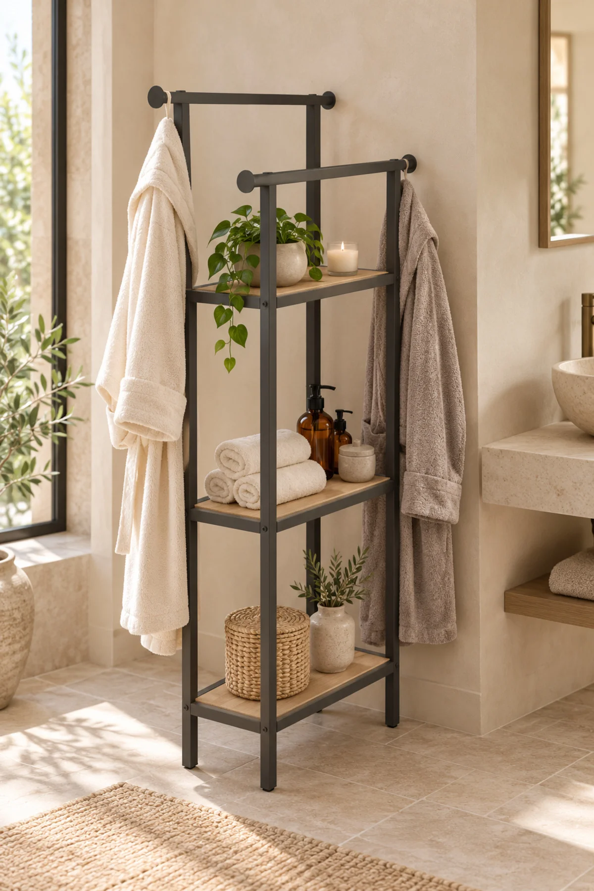 3 Raflı Banyo Organizeri Havluluk Bornoz Askılı Ahşap Raflı Düzenleyici