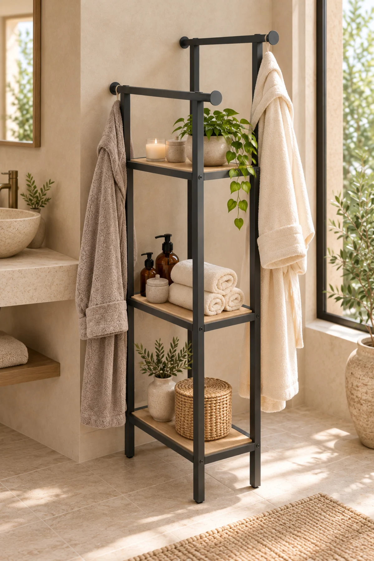 3 Raflı Banyo Organizeri Havluluk Bornoz Askılı Ahşap Raflı Düzenleyici