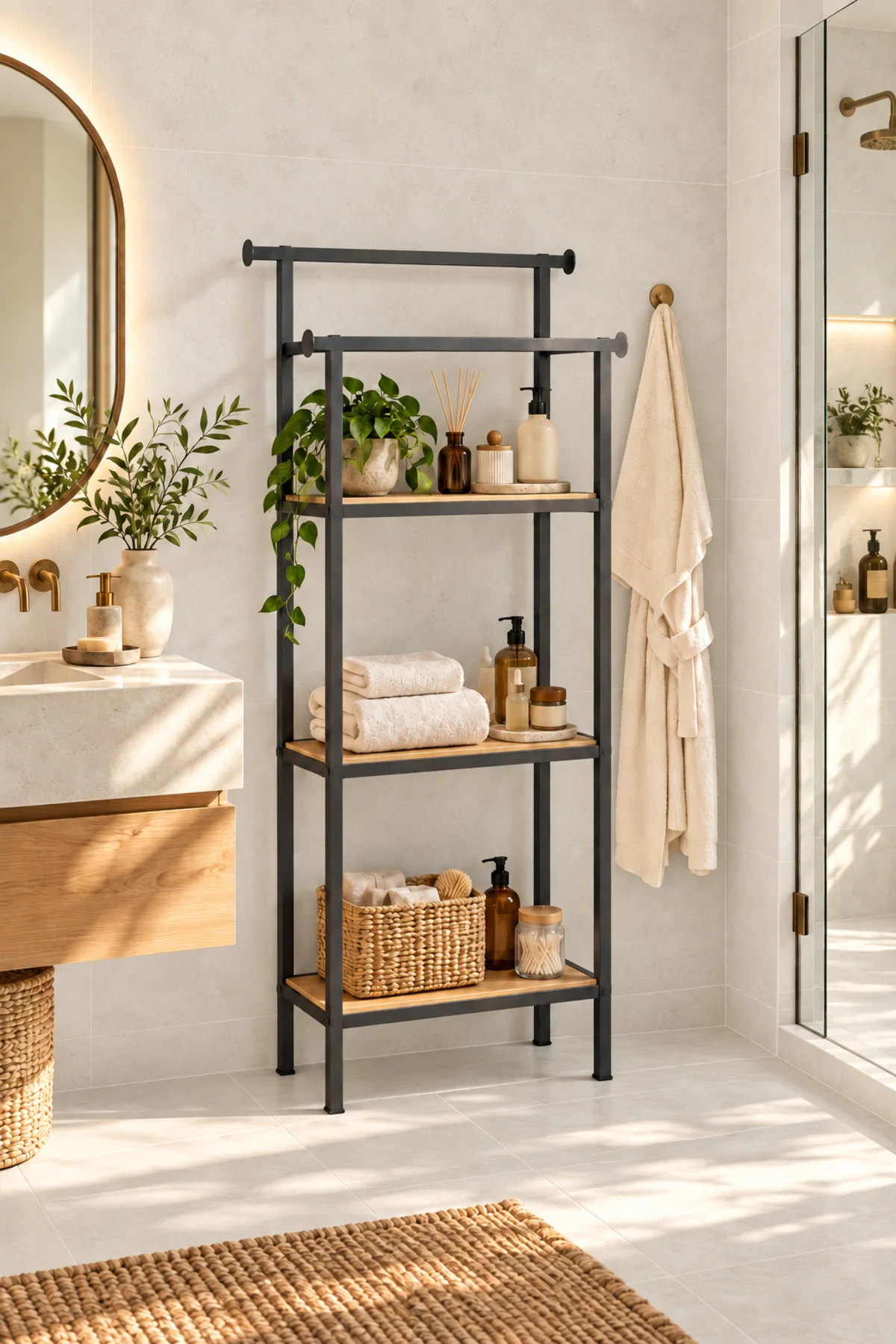 3 Raflı Banyo Organizeri Havluluk Bornoz Askılı Ahşap Raflı Düzenleyici