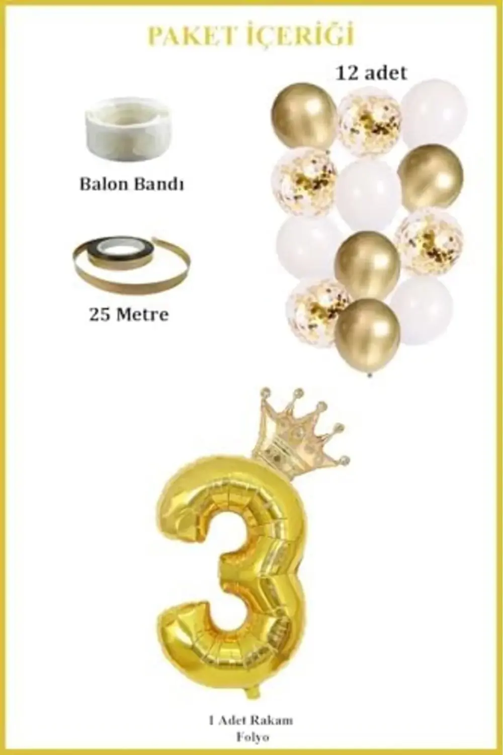 3 Rakam Folyo Balon, Kral Tacı Ve Konfetili Balon 395519