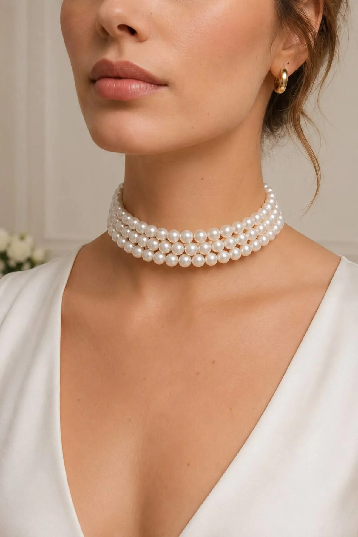 3 SIRA LÜX PARLAK CHOKER İNCİ KOLYE GÜMÜŞ RENK KLİPSLİ