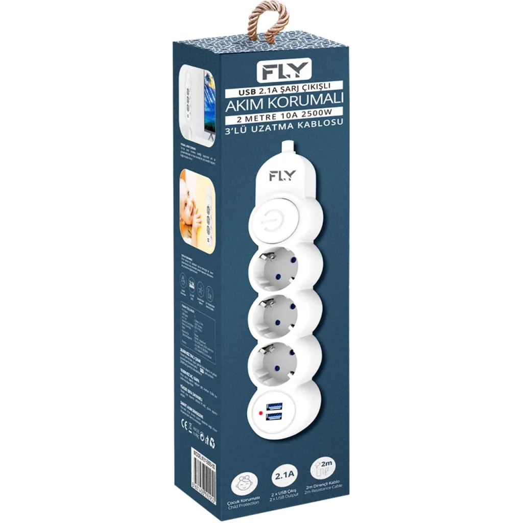 3 Soket 2 USB Akım Korumalı Priz - 2.1A Anahtarlı 2 Metre Kablo (Beyaz) - Topraklı Güvenlik Sistemi
