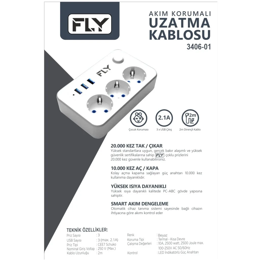 3 Soket 3 USB Akım Korumalı Priz 2.1A Anahtarlı 2Mt Kablo (Beyaz)