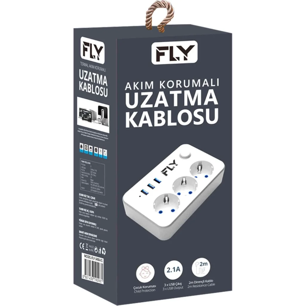 3 Soket 3 USB Akım Korumalı Priz 2.1A Anahtarlı 2Mt Kablo (Beyaz)