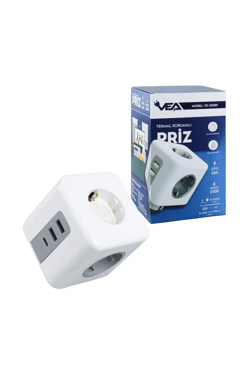 3 Soketli 2 USB + TYPE-C Çocuk ve Dijital Termal Korumalı Priz KP