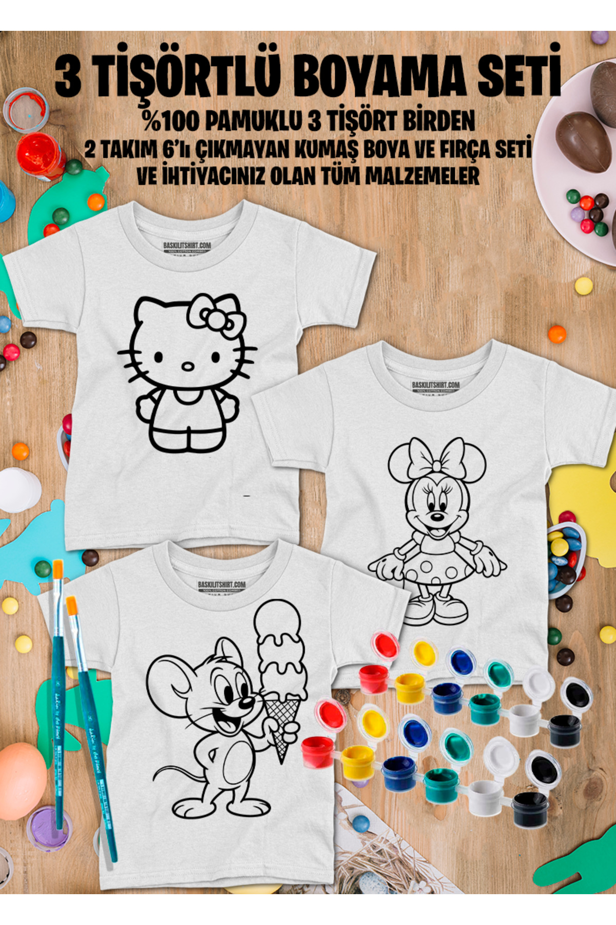 3 Tişörtlü Tişört Boyama Seti – Çocuk Full Set Fırçalı, Kreatif E