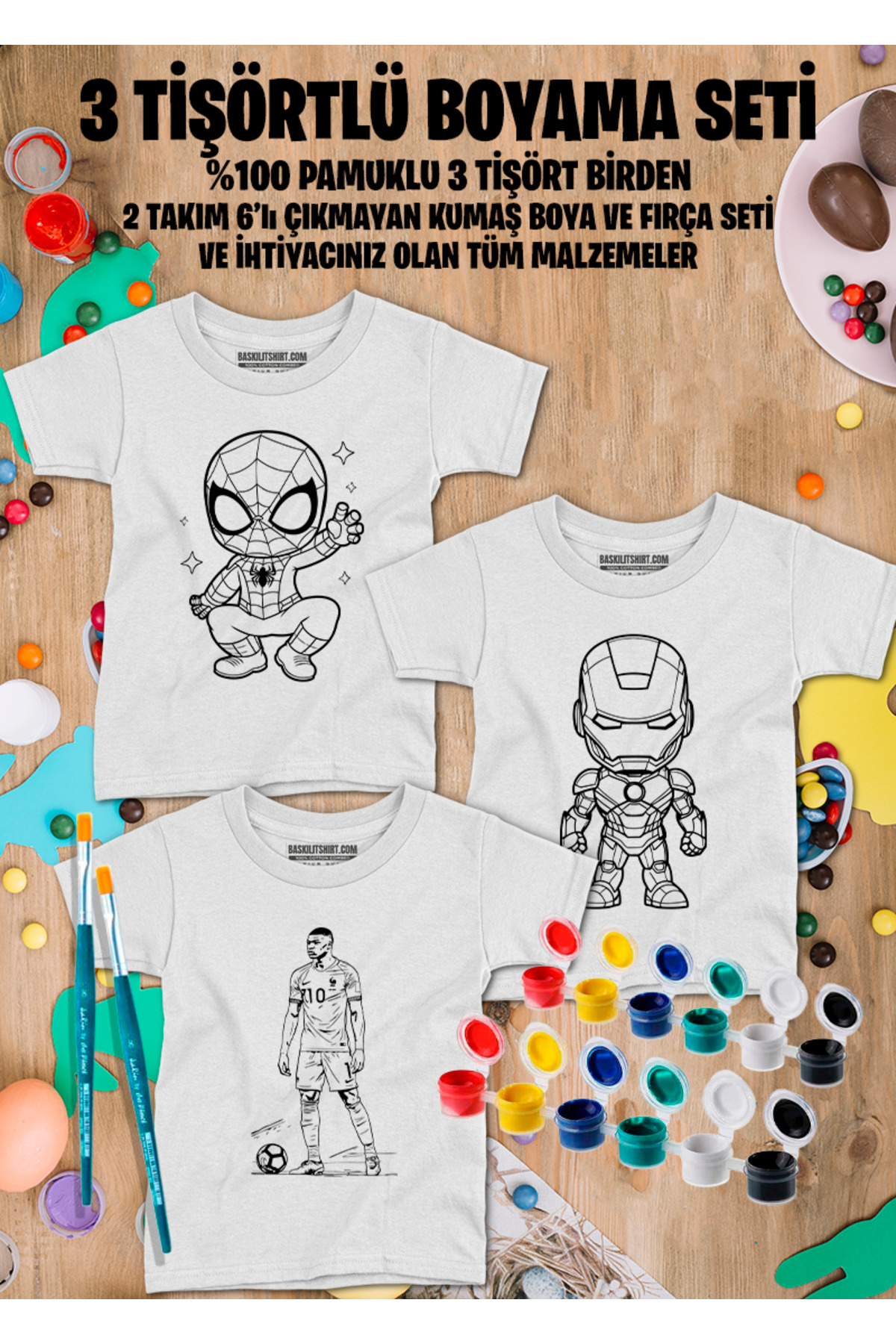3 Tişörtlü Tişört Boyama Seti – Çocuk Full Set Fırçalı, Kreatif E