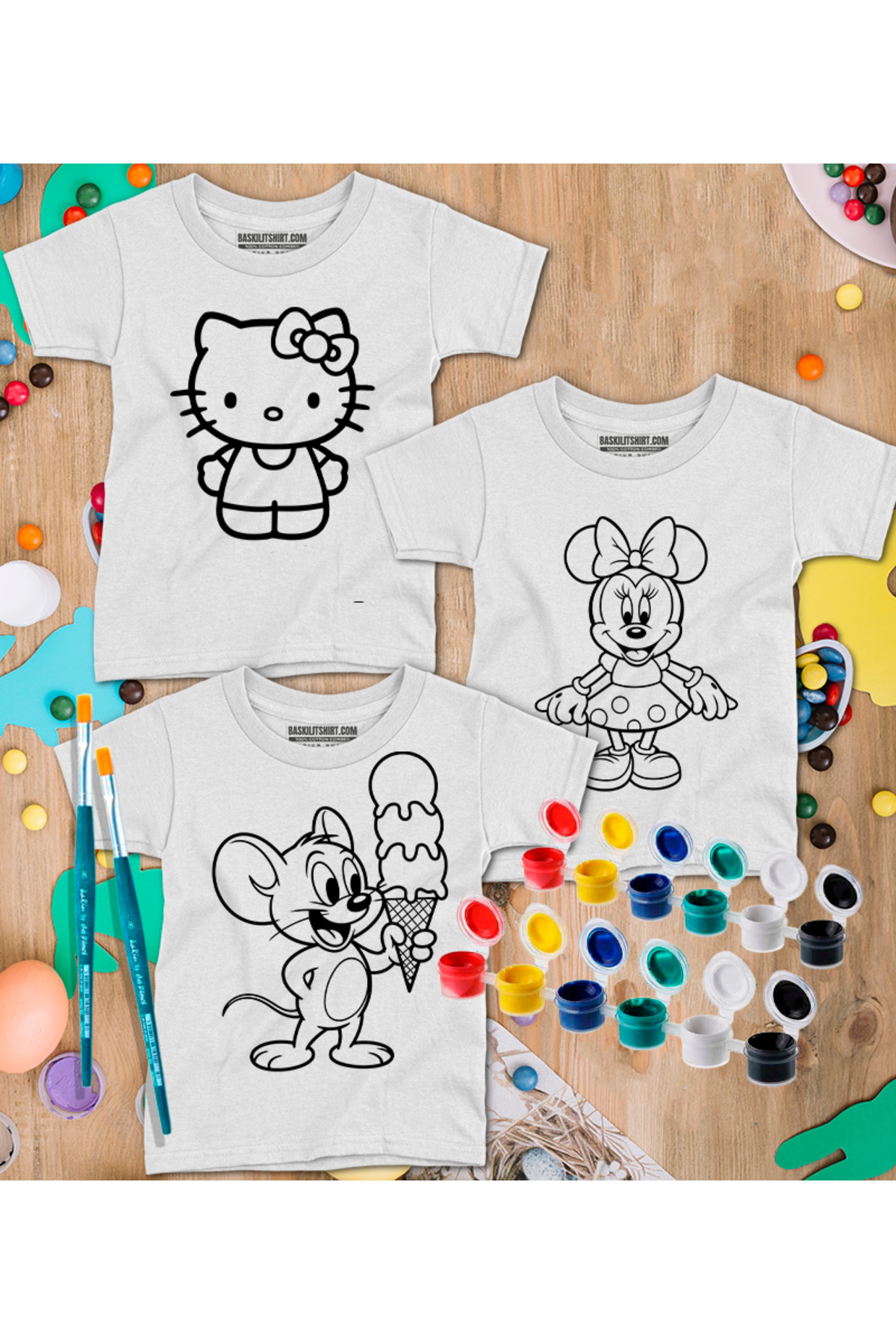 3 Tişörtlü Tişört Boyama Seti – Çocuk Full Set Fırçalı, Kreatif E