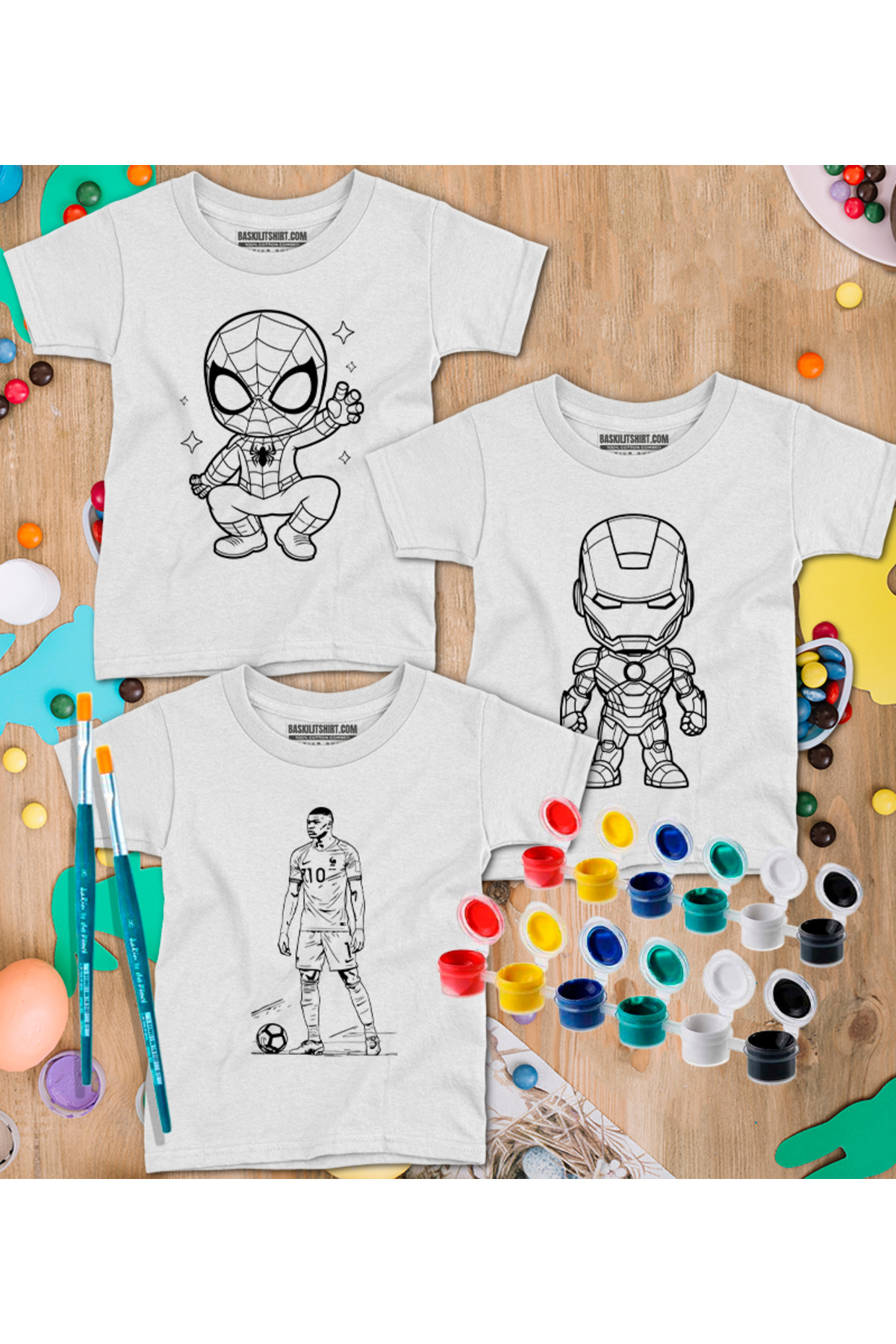 3 Tişörtlü Tişört Boyama Seti – Çocuk Full Set Fırçalı, Kreatif E