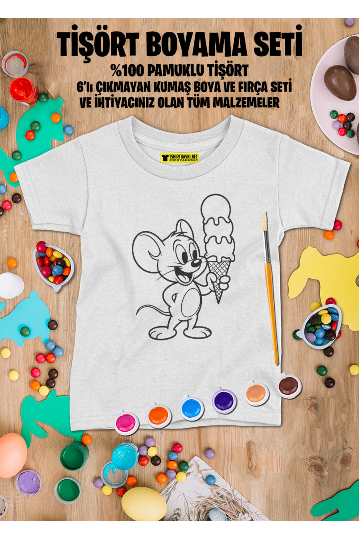 3 Tişörtlü Tişört Boyama Seti – Çocuk Full Set Fırçalı, Kreatif E