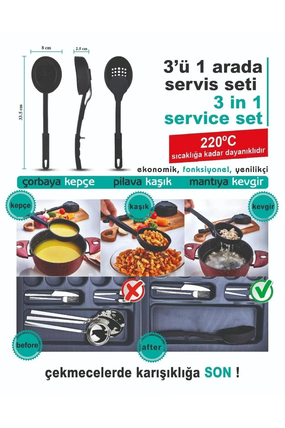 3 Ü 1 Arada Silikon Kepçe Kevgir Kaşık Servis Seti - ( Anne Mutfa