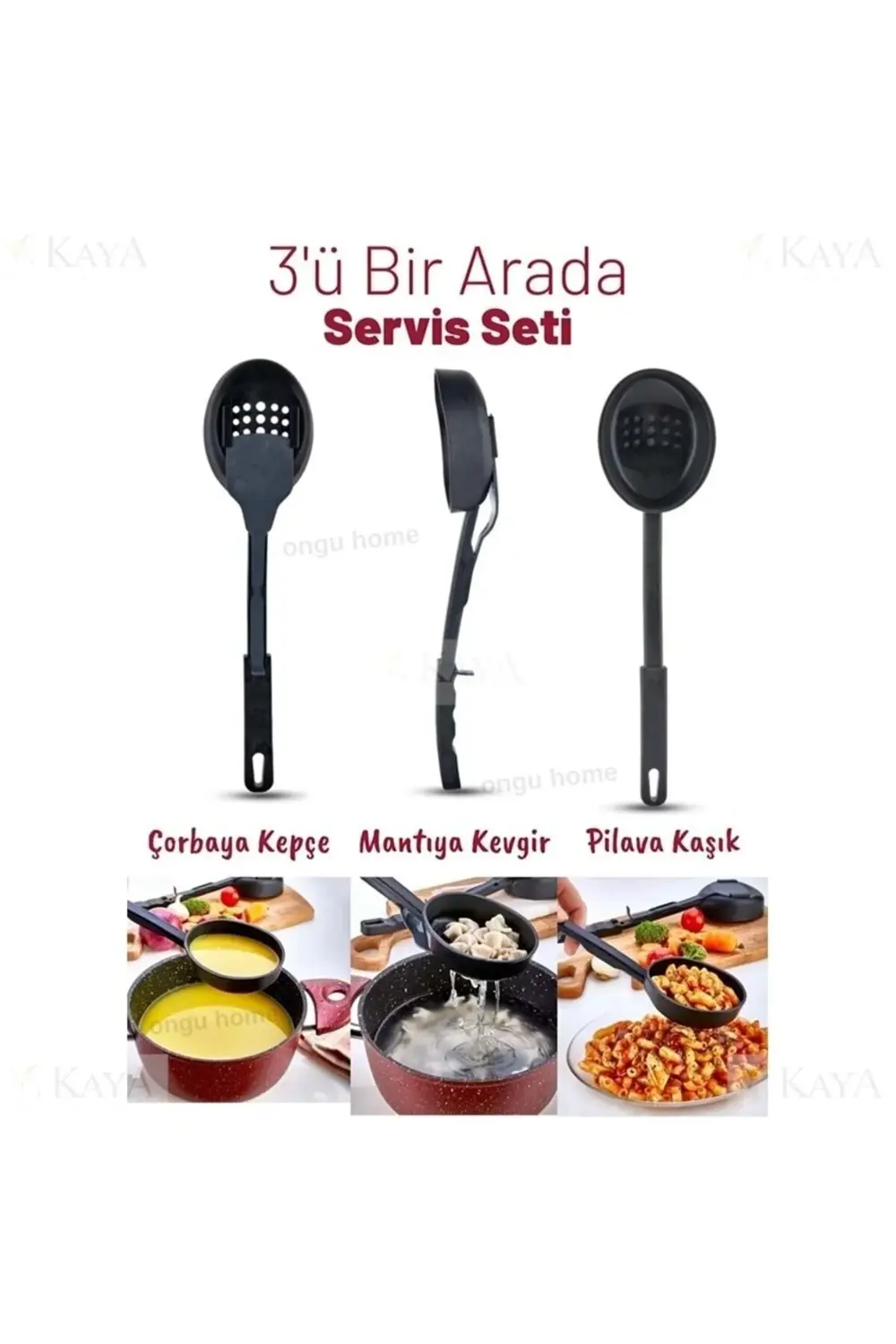 3 Ü 1 Arada Silikon Kepçe Kevgir Kaşık Servis Seti - ( Anne Mutfa