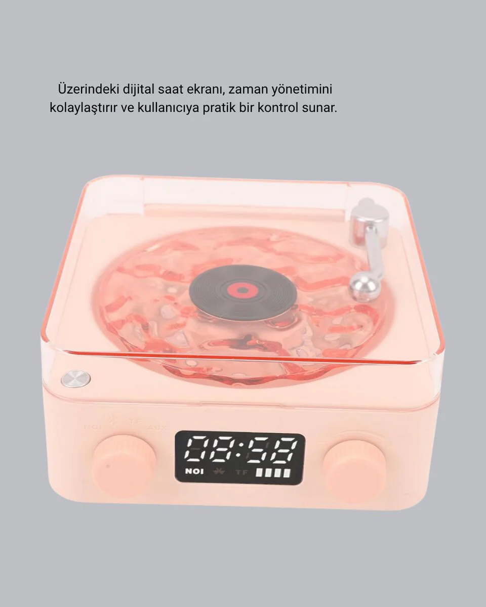 3-ü-1 Gece Işığı, Bluetooth Hoparlör ve Dijital Saat - Vintage Plak Çalar Tasarımı