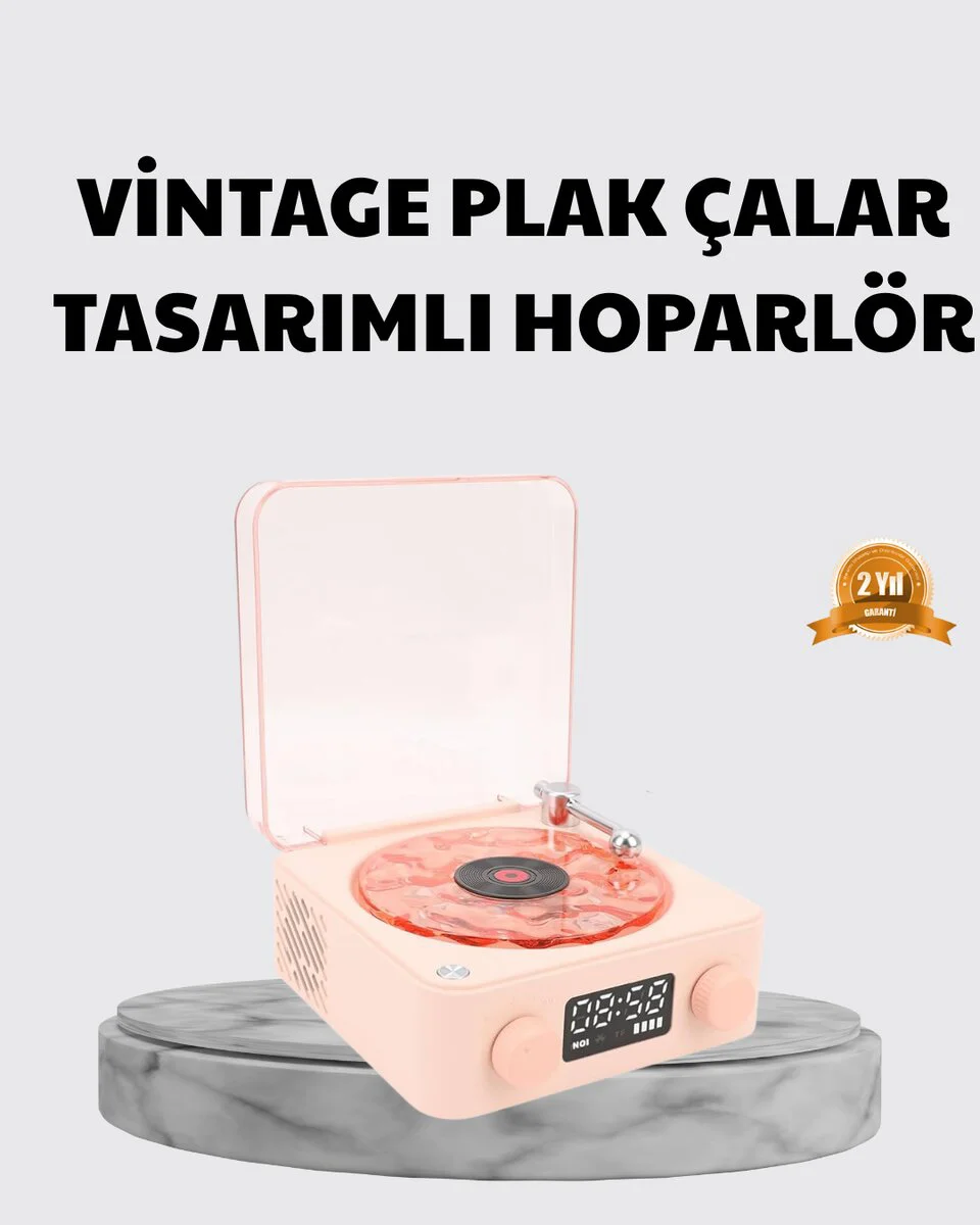 3-ü-1 Gece Işığı, Bluetooth Hoparlör ve Dijital Saat - Vintage Plak Çalar Tasarımı