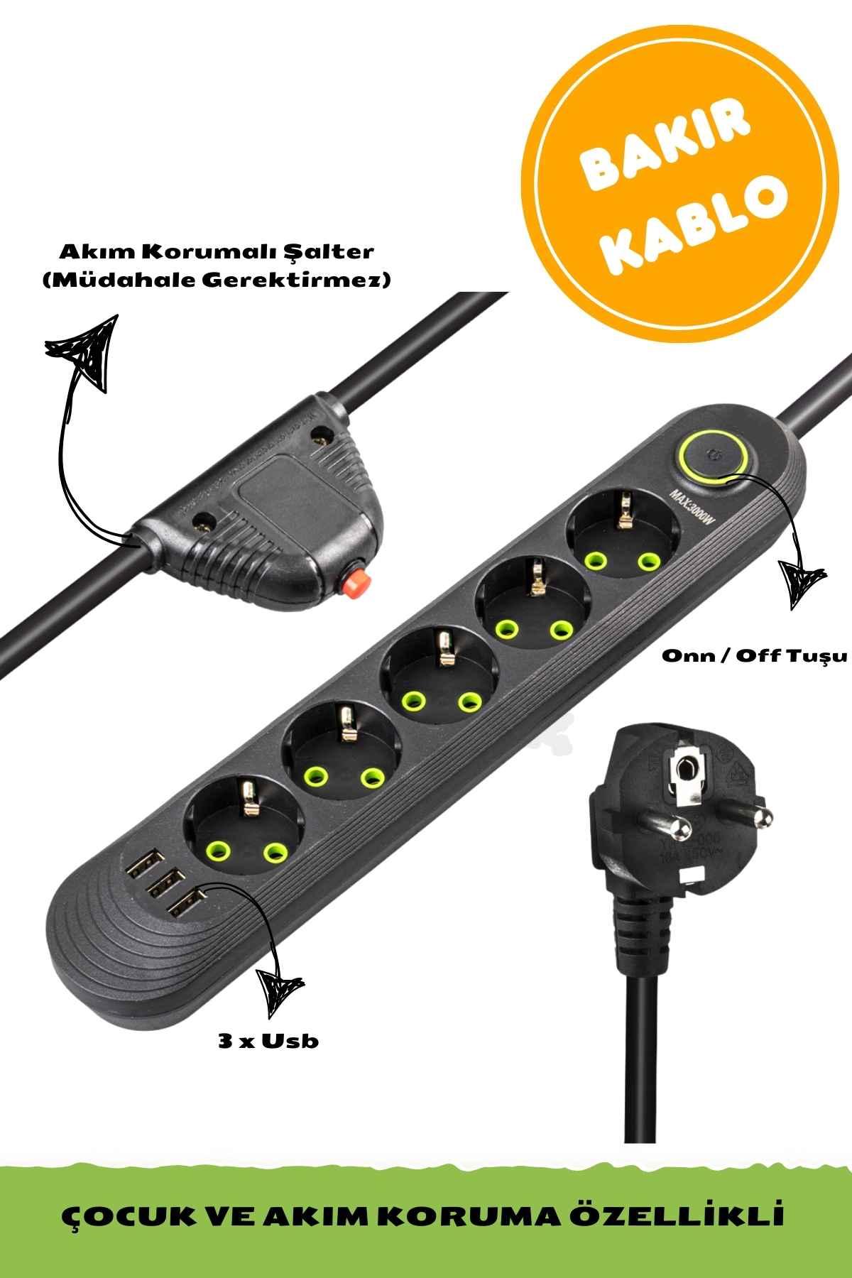 3 Usb + 5 Fişli 1.5 Metre Akım Korumalı 1.5 Metre Uzatma Kablolu 3 Usb + 5 Fişli 1.5 Metre Akım Korumalı 1.5 Metre Uzatma Kablolu