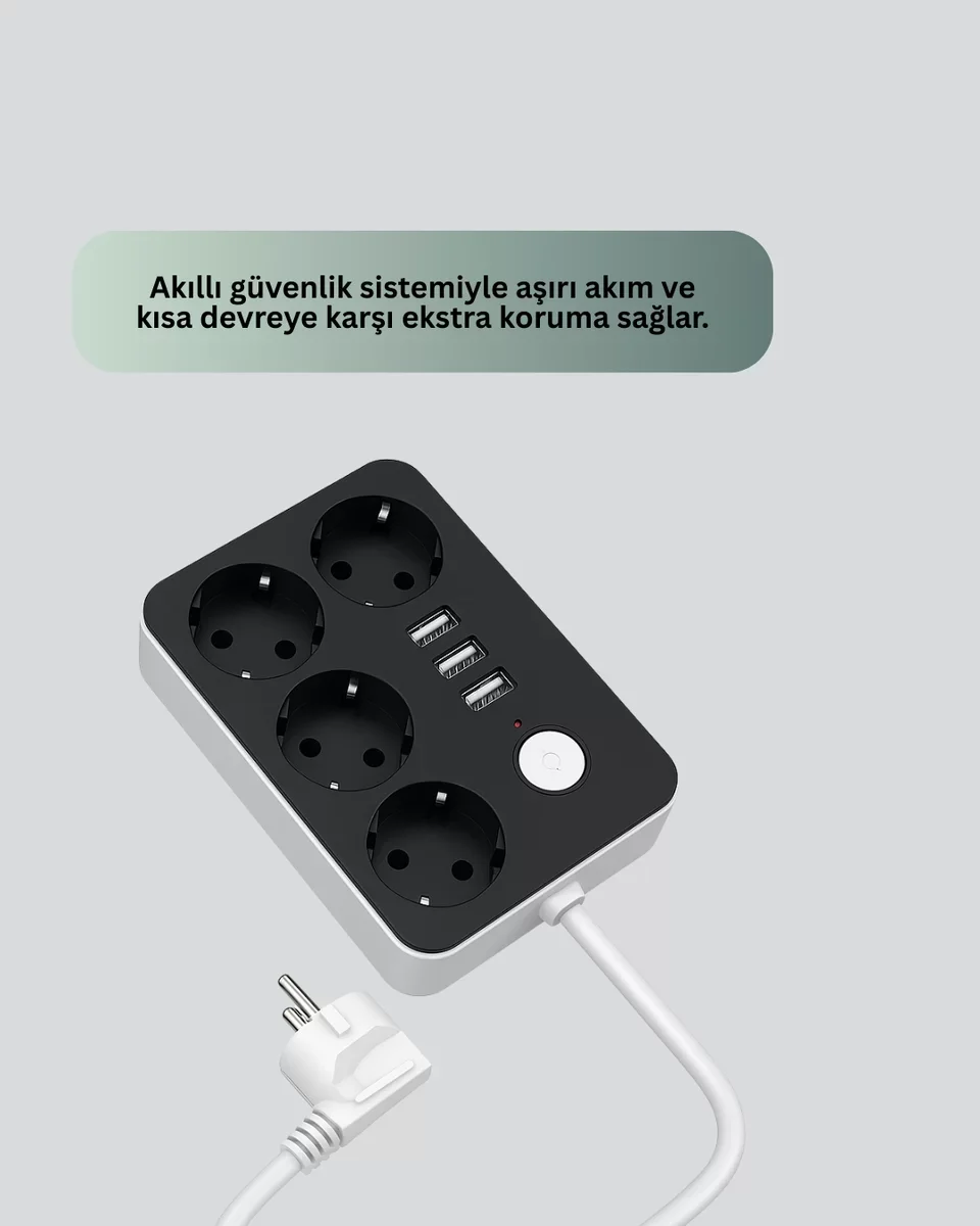 3 USB Çıkışlı 4’lü Akıllı Priz 2500W 2 Metre Kablo