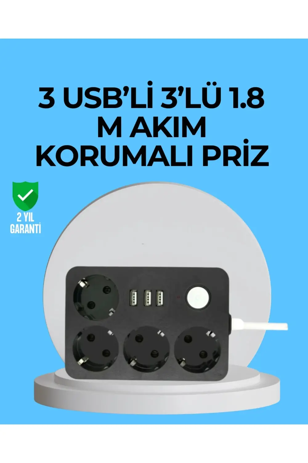 3 USB Çıkışlı 4’lü Akıllı Priz 2500W 2 Metre Kablo